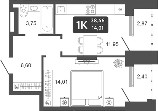 Планировка 1-к.кв, 38,46 м² в ЖК Галерея