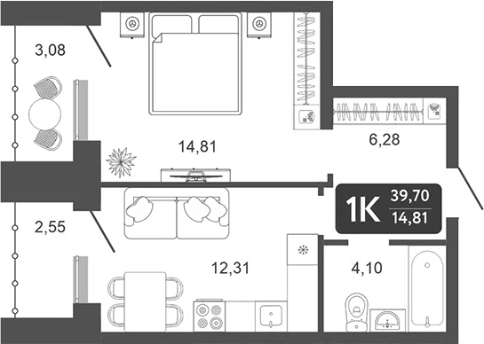 Планировка 1-к.кв, 39,7 м² в ЖК Галерея