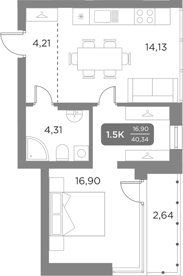 Планировка 1-к.кв, 40,34 м² в ЖК Галерея