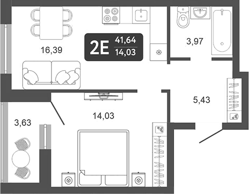 Планировка 2Е-к, 41,64 м² в ЖК Галерея