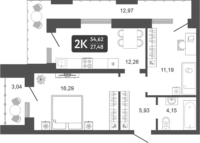 Планировка 2-к, 54,62 м² в ЖК Галерея