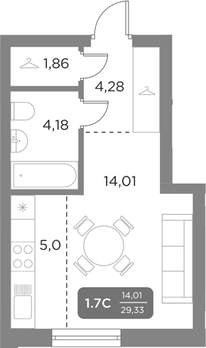 Планировка Студия, 29,33 м² в ЖК Галерея