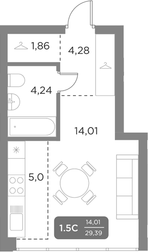 Планировка Студия, 29,39 м² в ЖК Галерея