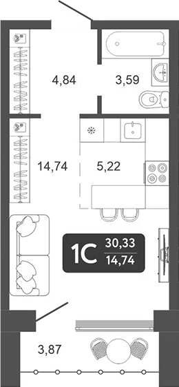 Планировка Студия, 30,33 м² в ЖК Галерея