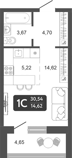 Планировка Студия, 30,54 м² в ЖК Галерея