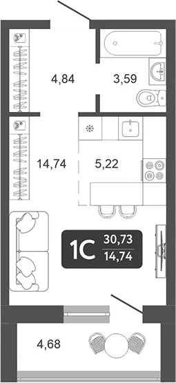 Планировка Студия, 30,73 м² в ЖК Галерея