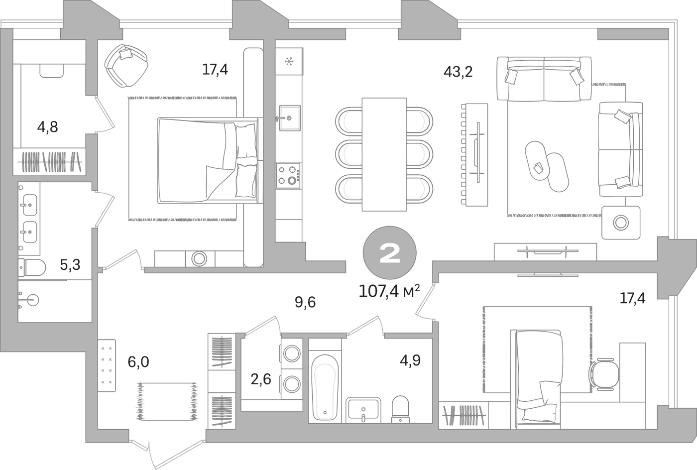 Планировка Свободная планировка, 107,4 м² в ЖК Гоголя 21