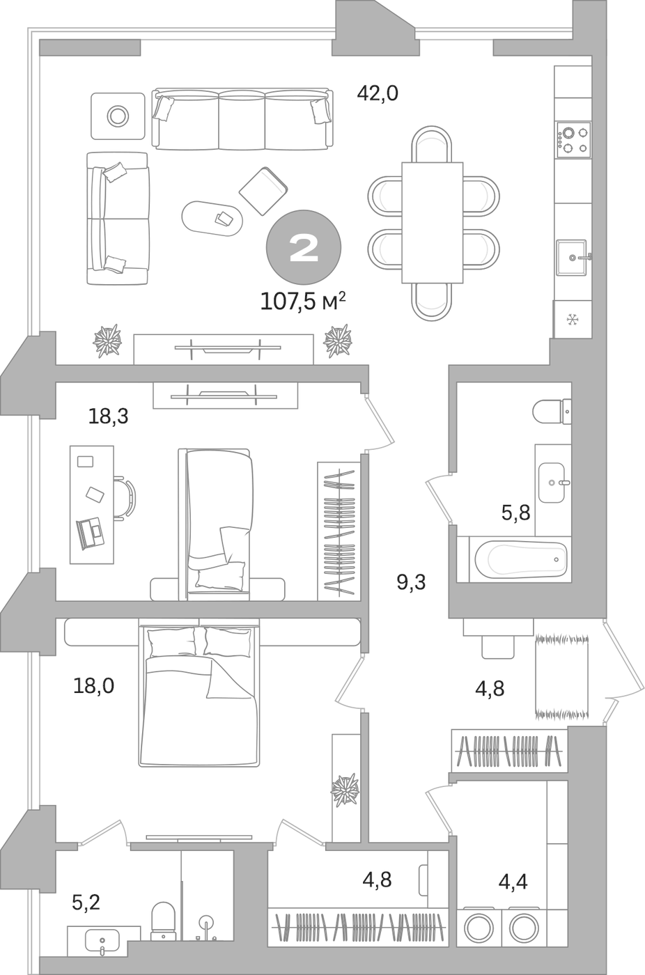Планировка Свободная планировка, 107,5 м² в ЖК Гоголя 21
