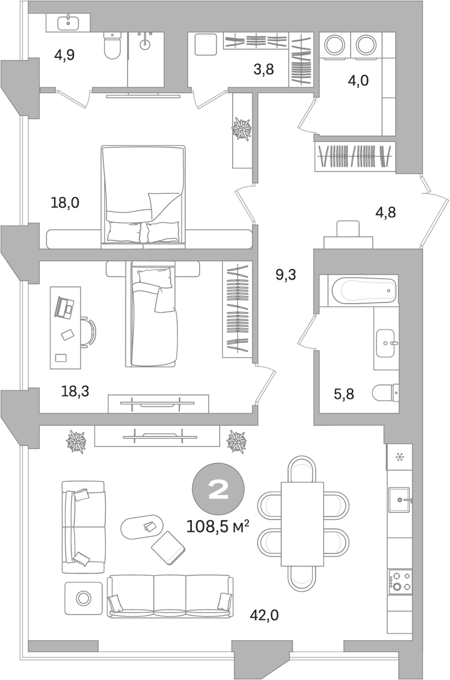 Планировка Свободная планировка, 108,2 м² в ЖК Гоголя 21