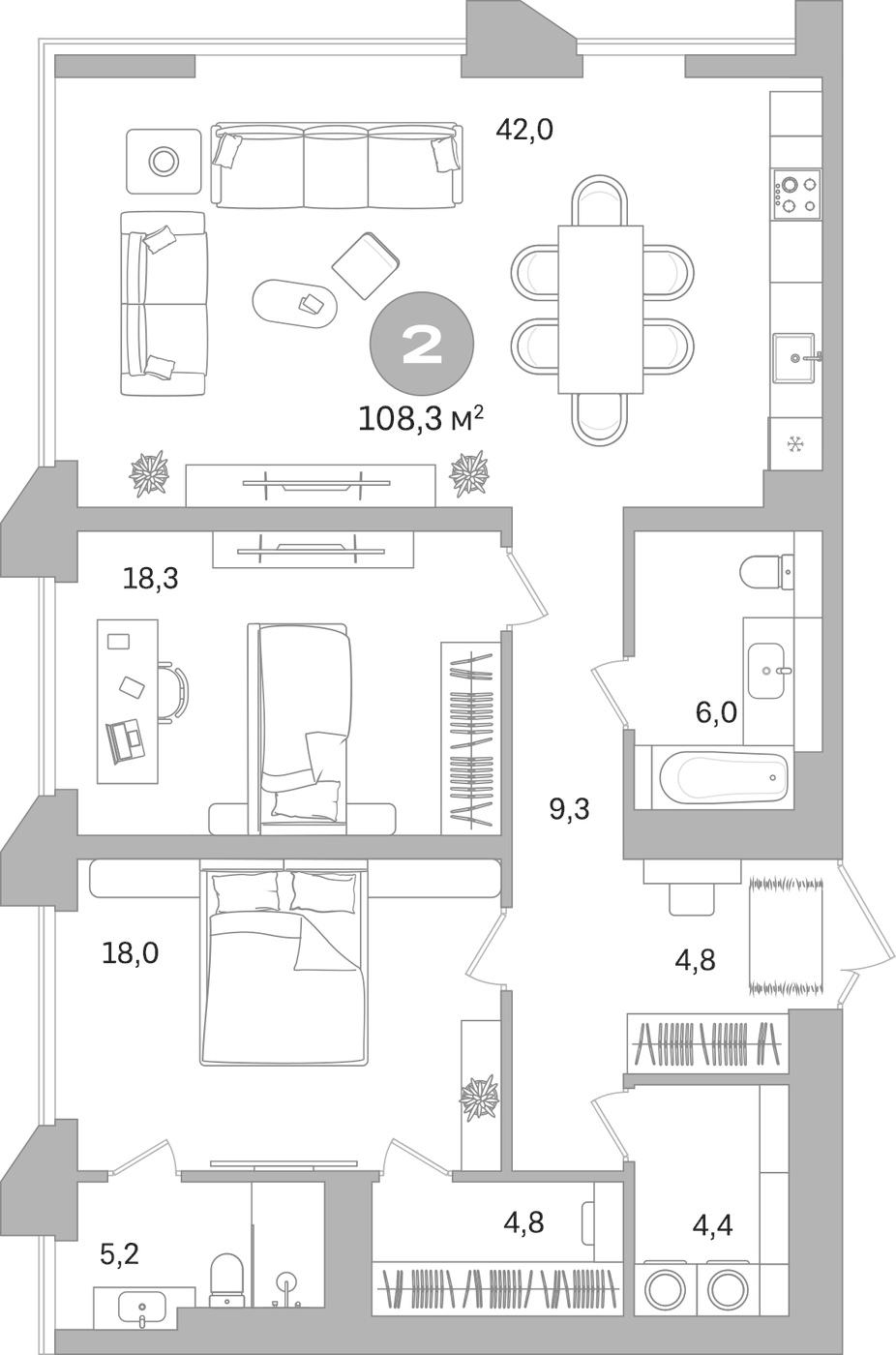 Планировка Свободная планировка, 108,3 м² в ЖК Гоголя 21