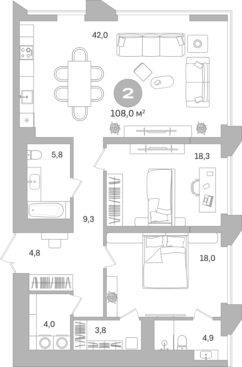 Планировка Свободная планировка, 108 м² в ЖК Гоголя 21