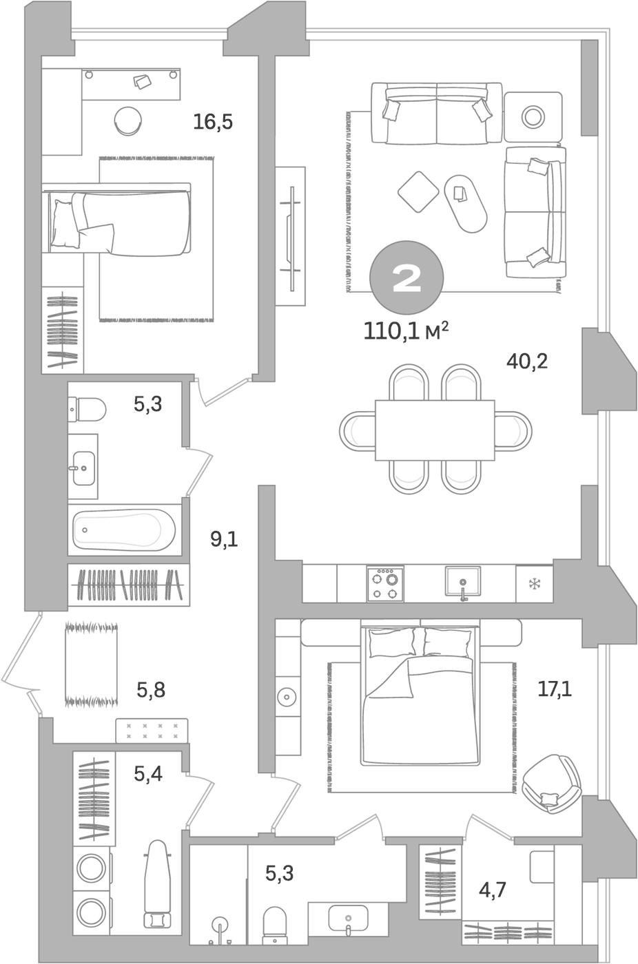 Планировка Свободная планировка, 110,1 м² в ЖК Гоголя 21