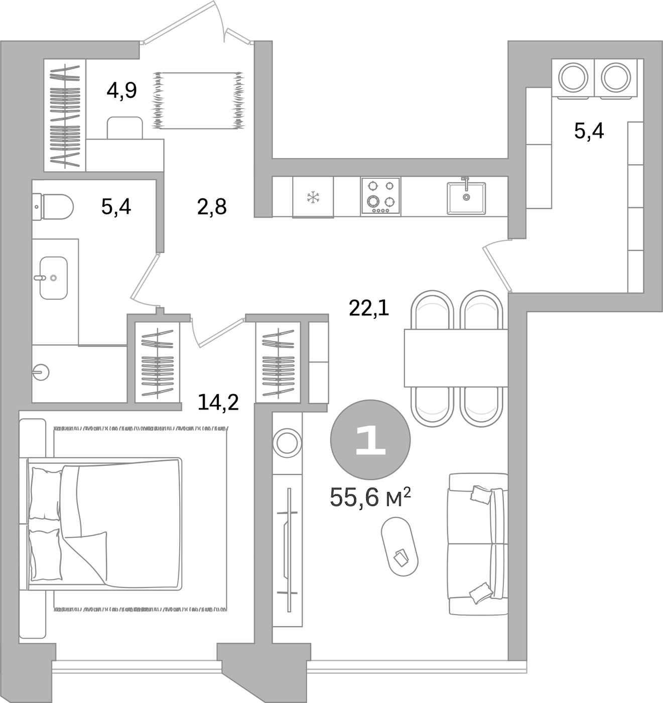 Планировка Свободная планировка, 55,6 м² в ЖК Гоголя 21