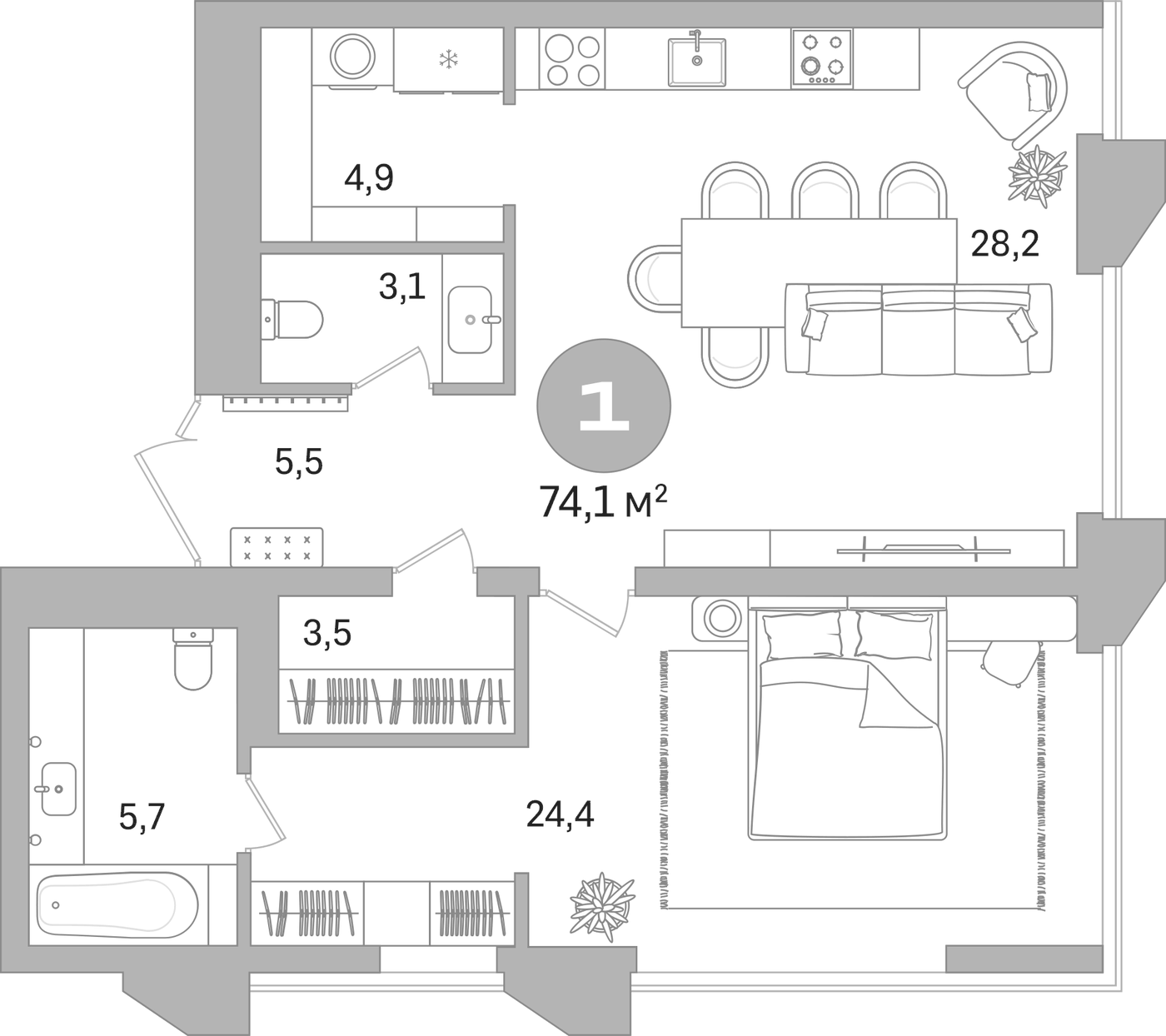 Планировка Свободная планировка, 74,1 м² в ЖК Гоголя 21