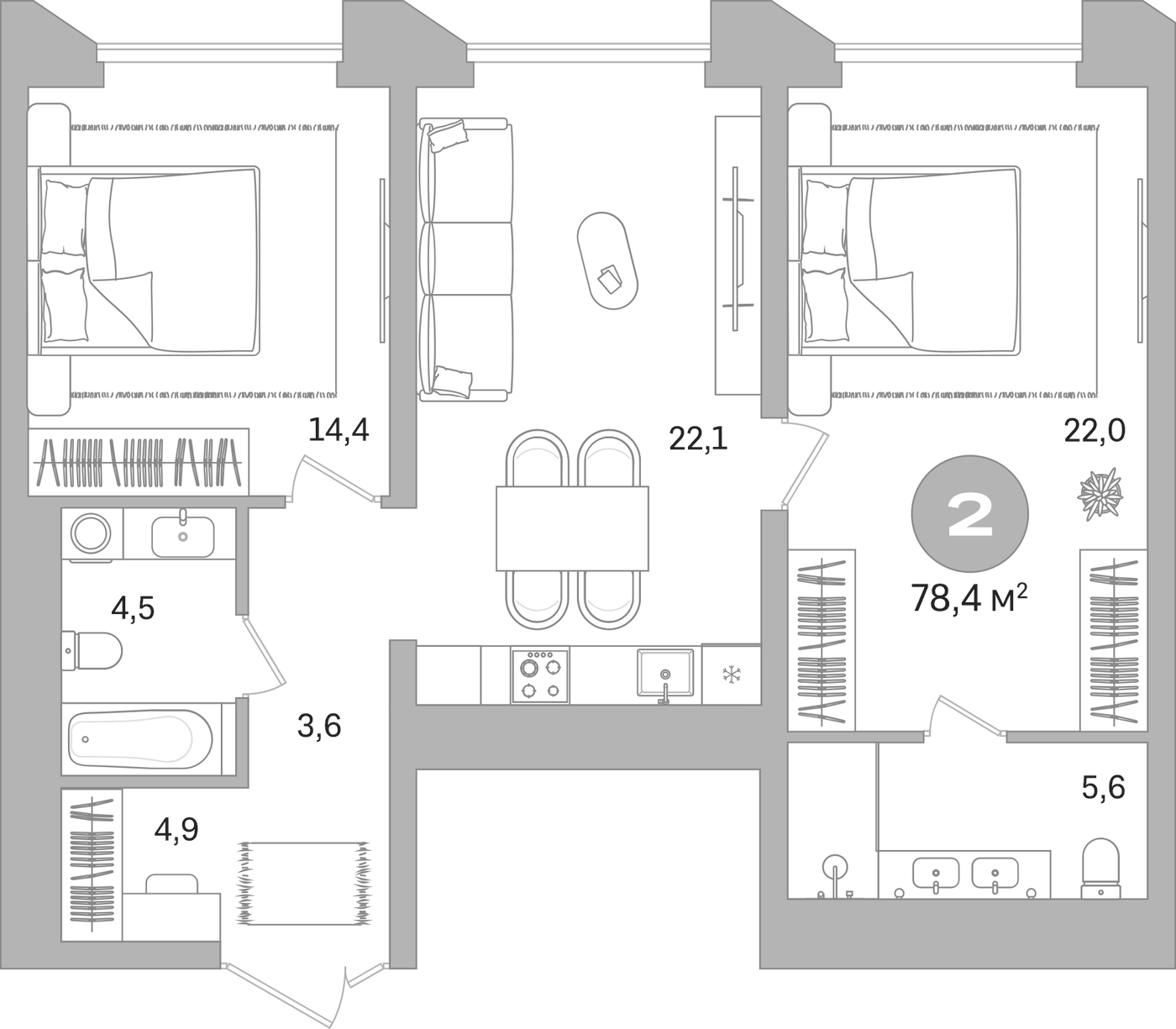 Планировка Свободная планировка, 78,4 м² в ЖК Гоголя 21