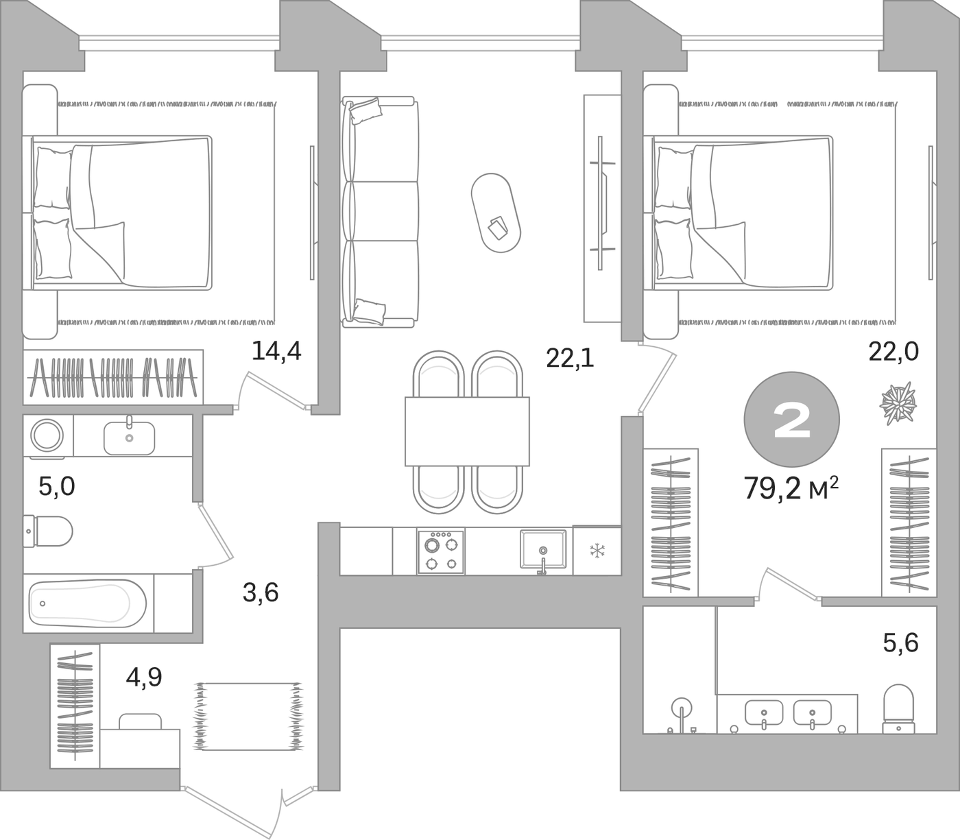 Планировка Свободная планировка, 79,2 м² в ЖК Гоголя 21