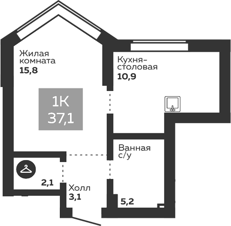 Планировка 1-к.кв, 37,1 м² в ЖК Голос Заря