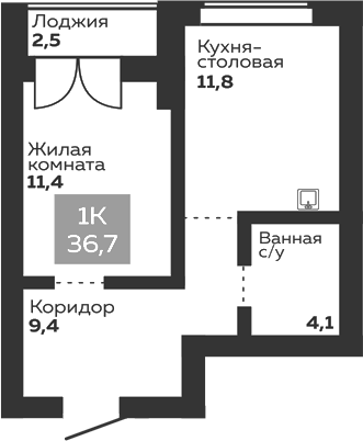 Планировка 1-к.кв, 37,95 м² в ЖК Голос Заря