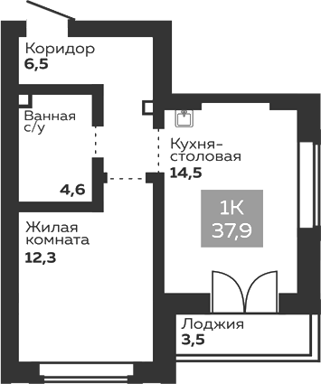 Планировка 1-к.кв, 39,65 м² в ЖК Голос Заря