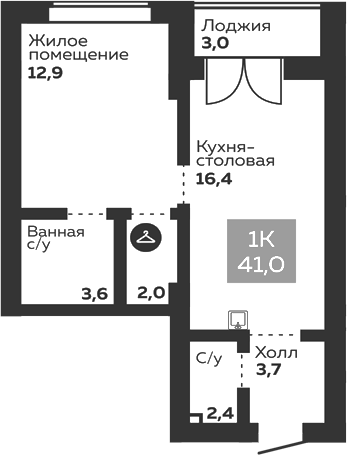 Планировка 1-к.кв, 42,5 м² в ЖК Голос Заря