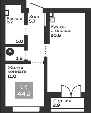 Планировка 1-к.кв, 45,65 м² в ЖК Голос Заря
