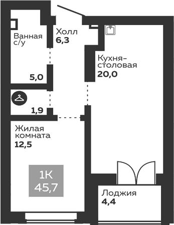 Планировка 1-к.кв, 47,9 м² в ЖК Голос Заря