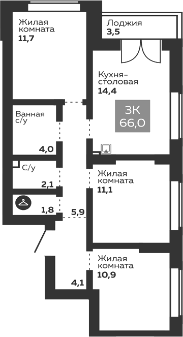 Планировка Планировка 3-к.кв 67,75 м² в ЖК Голос Заря в Екатеринбурге в ЖК Голос Заря