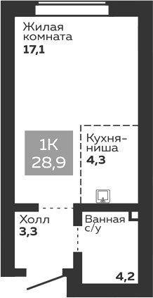 Планировка Студия, 28,9 м² в ЖК Голос Заря