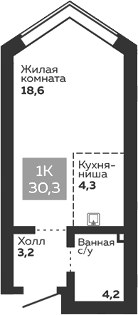 Планировка Студия, 30,3 м² в ЖК Голос Заря