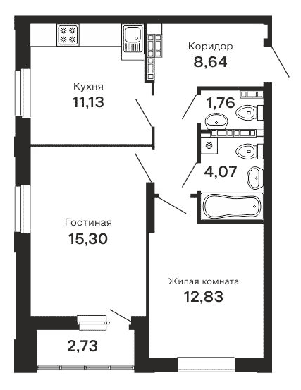 Планировка 2-к.кв, 56,46 м² в ЖК Горки
