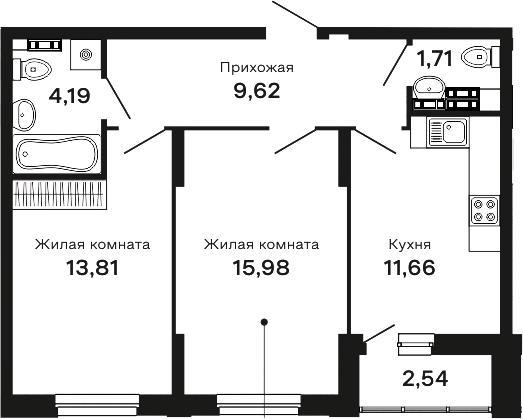 Планировка 2-к.кв, 59,51 м² в ЖК Горки