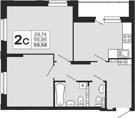 Планировка 2-к.кв, 59,58 м² в ЖК Горки