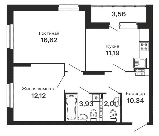 Планировка 2-к.кв, 59,77 м² в ЖК Горки