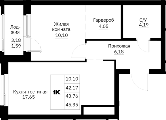 Планировка 1-к.кв, 45,35 м² в ЖК Графит