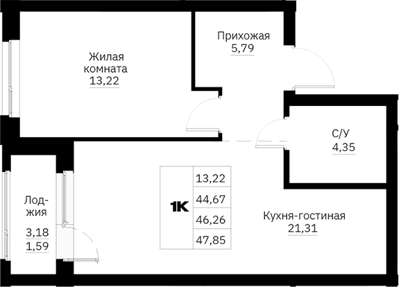 Планировка 1-к.кв, 47,85 м² в ЖК Графит