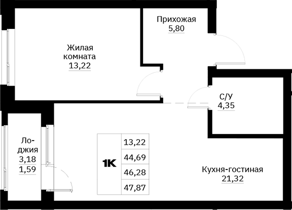 Планировка 1-к.кв, 47,87 м² в ЖК Графит