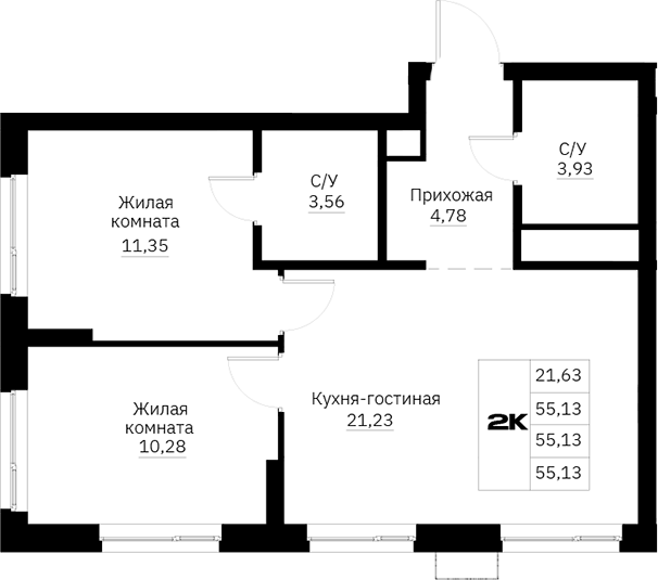 Планировка 2-к.кв, 55,13 м² в ЖК Графит