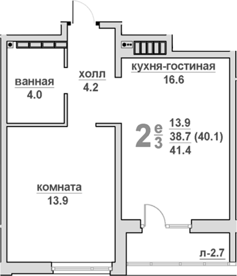 Планировка 1-к.кв, 37,4 м² в ЖК Гранд Успенский