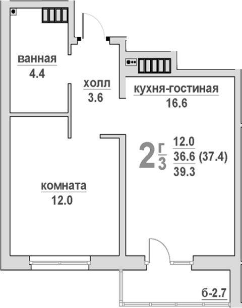 Планировка 1-к.кв, 39,3 м² в ЖК Гранд Успенский