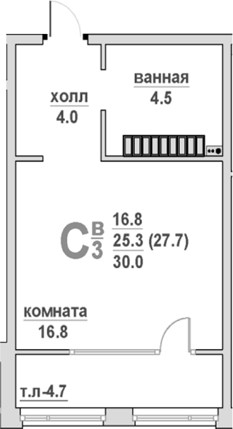 Планировка Студия, 30 м² в ЖК Гранд Успенский