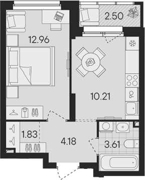 Планировка 1-к.кв, 34,04 м² в ЖК Гравитация