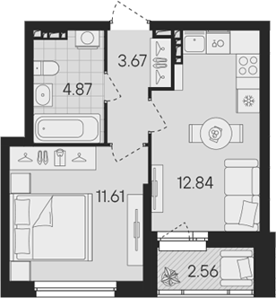 Планировка 1-к.кв, 34,27 м² в ЖК Гравитация