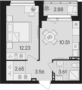 Планировка 1-к.кв, 34 м² в ЖК Гравитация
