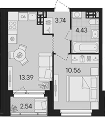 Планировка 2Е-к, 33,39 м² в ЖК Гравитация