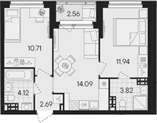 Планировка 3Е-к, 48,65 м² в ЖК Гравитация
