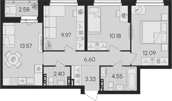 Планировка 4Е-к, 63,98 м² в ЖК Гравитация