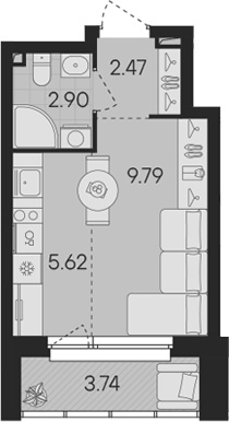 Планировка Студия, 22,65 м² в ЖК Гравитация