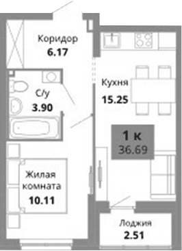 Планировка 1-к.кв, 36,69 м² в ЖК Грин Гарден