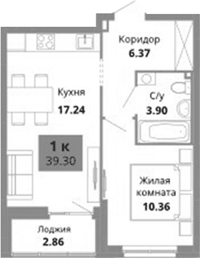 Планировка 1-к.кв, 39,3 м² в ЖК Грин Гарден