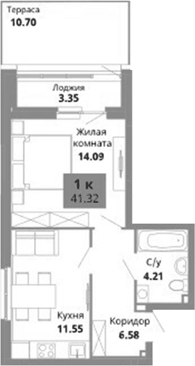 Планировка 1-к.кв, 41,32 м² в ЖК Грин Гарден